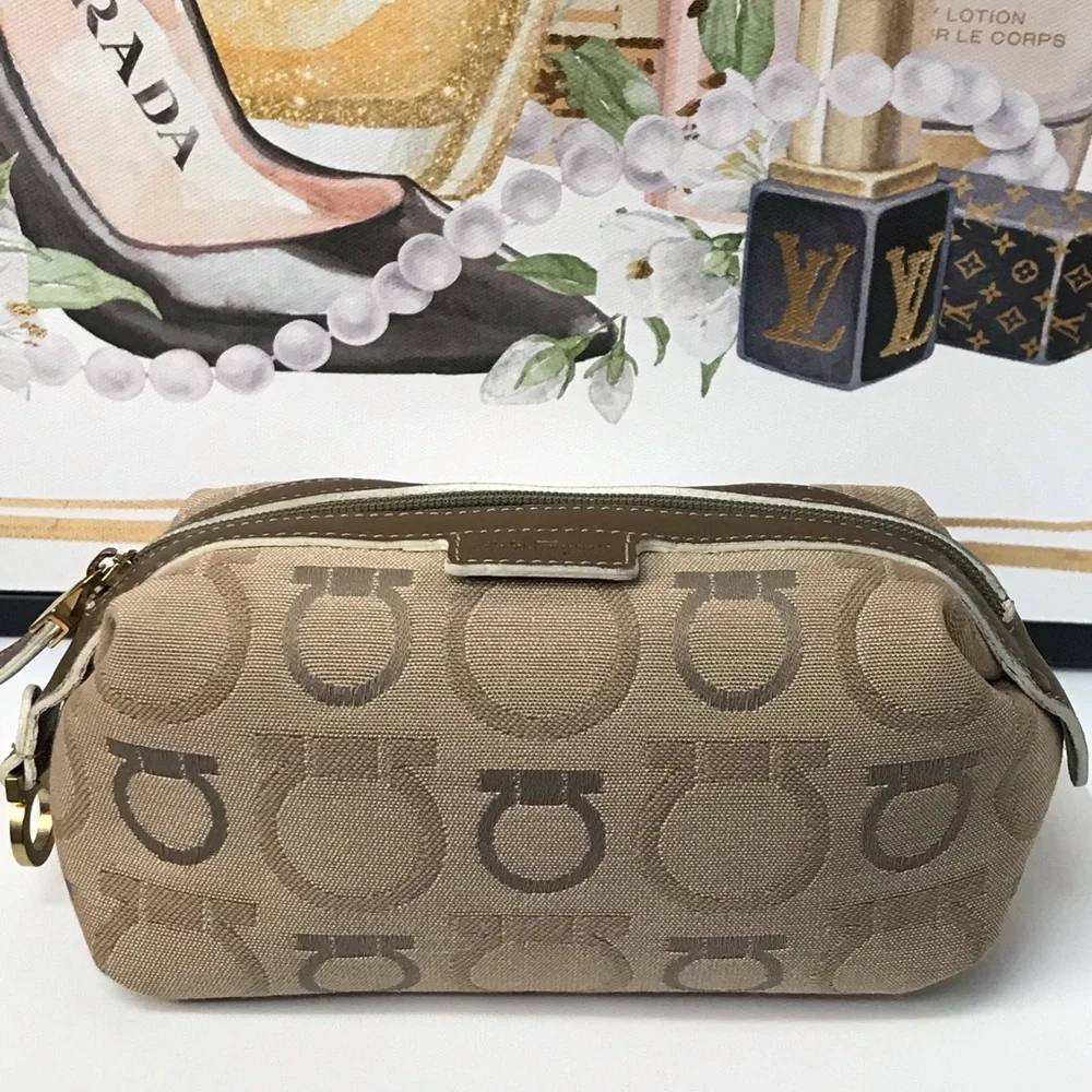 Salvatore Ferragamo Gancini Canvas/Leather Cosmetic Pouch Bag 😍